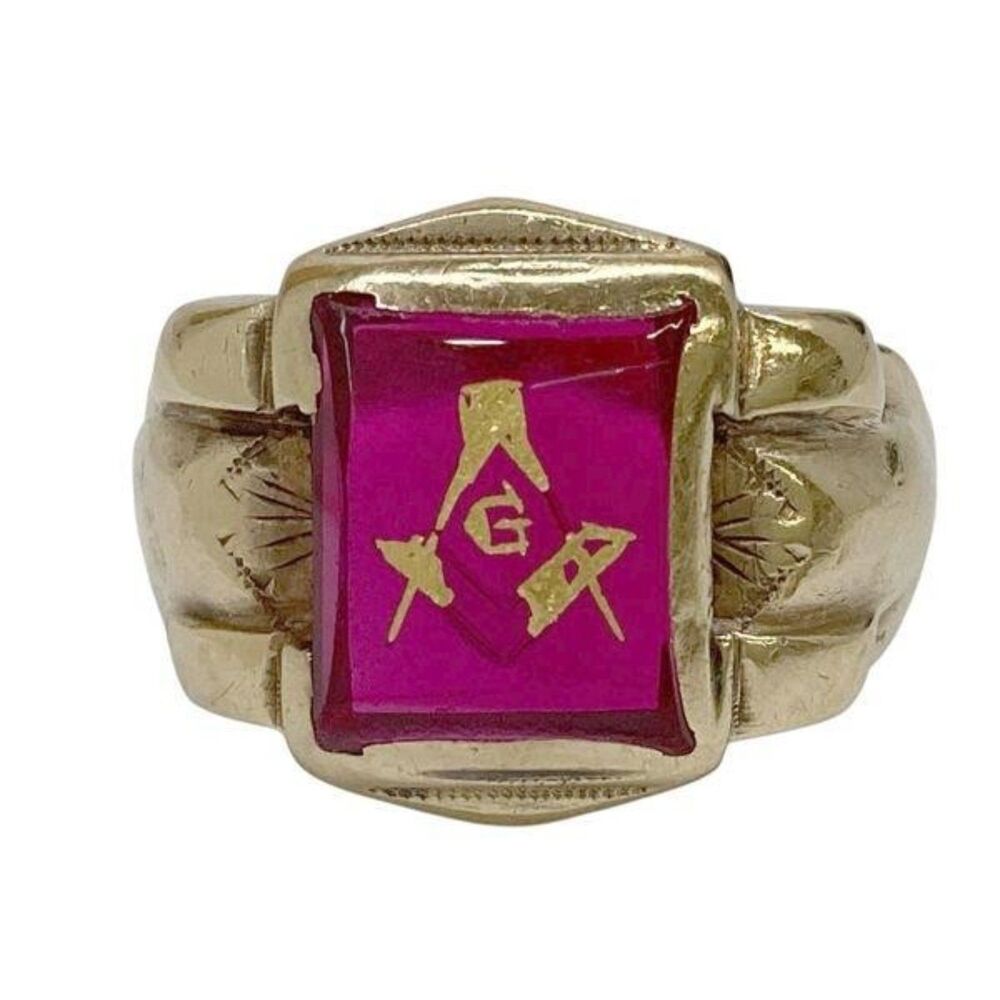 Vintage 10K Gold Masonic Ring Synthetic Ruby Size 10.75 6.3g Signet